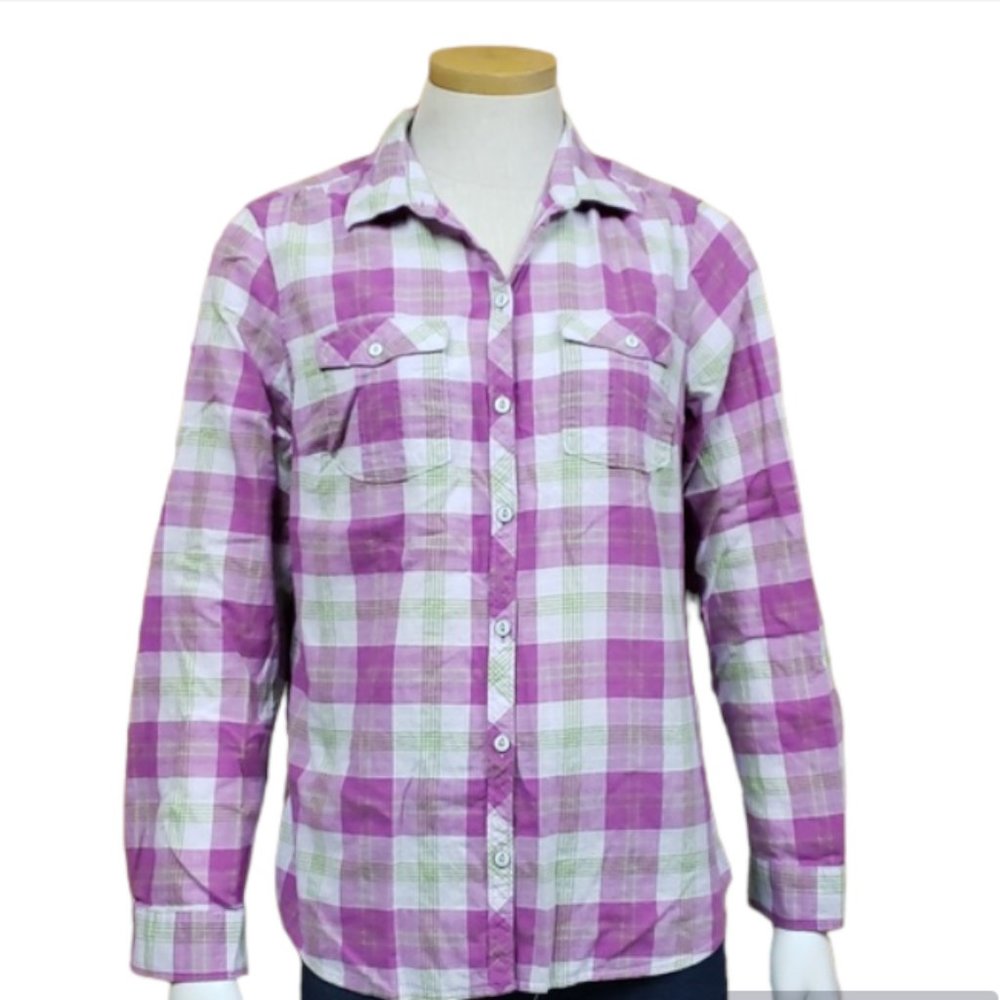 Eddie Bauer Plaid Tab Sleeve Button Down Shirt Size Medium Hiking Outdoors